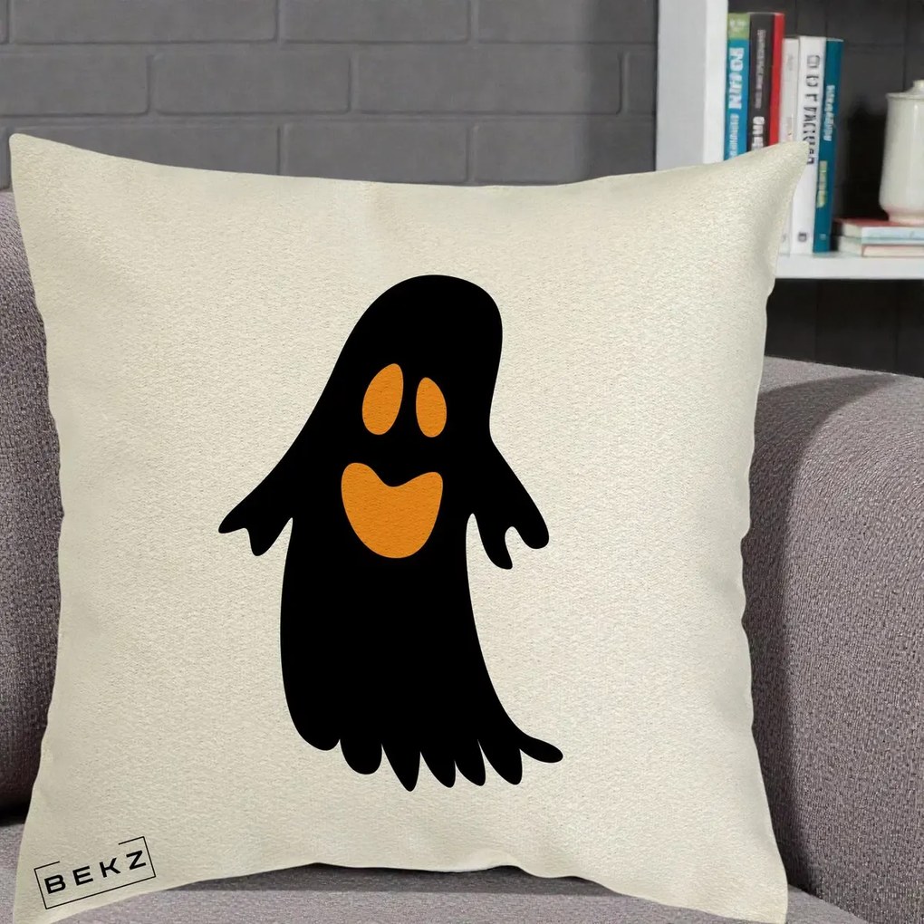 Perna Decorativa Halloween Fantoma Neagra cu Ochi Portocalii, 40x40 cm, Ecru, Husa Detasabila, Perna Inclusa, BEKZ®