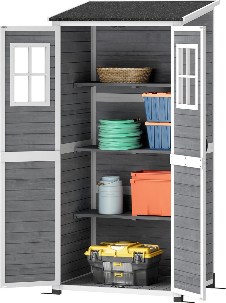 Outsunny Magazie pentru depozitare în grădină, magazie pentru unelte cu 2 ferestre, țăruși pentru ancorare, acoperiș din asfalt, 91 x 69 x 192 cm, lemn de brad, Gri deschis | Aosom Romania