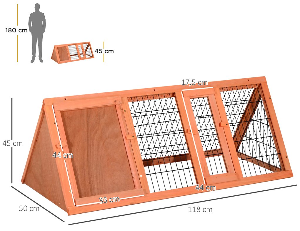 PawHut Cusca din Lemn de Brad pentru Iepuri, Habitat Exterior/Interior, 118x50x45 cm, Ușă cu Blocare, Maro | Aosom Romania