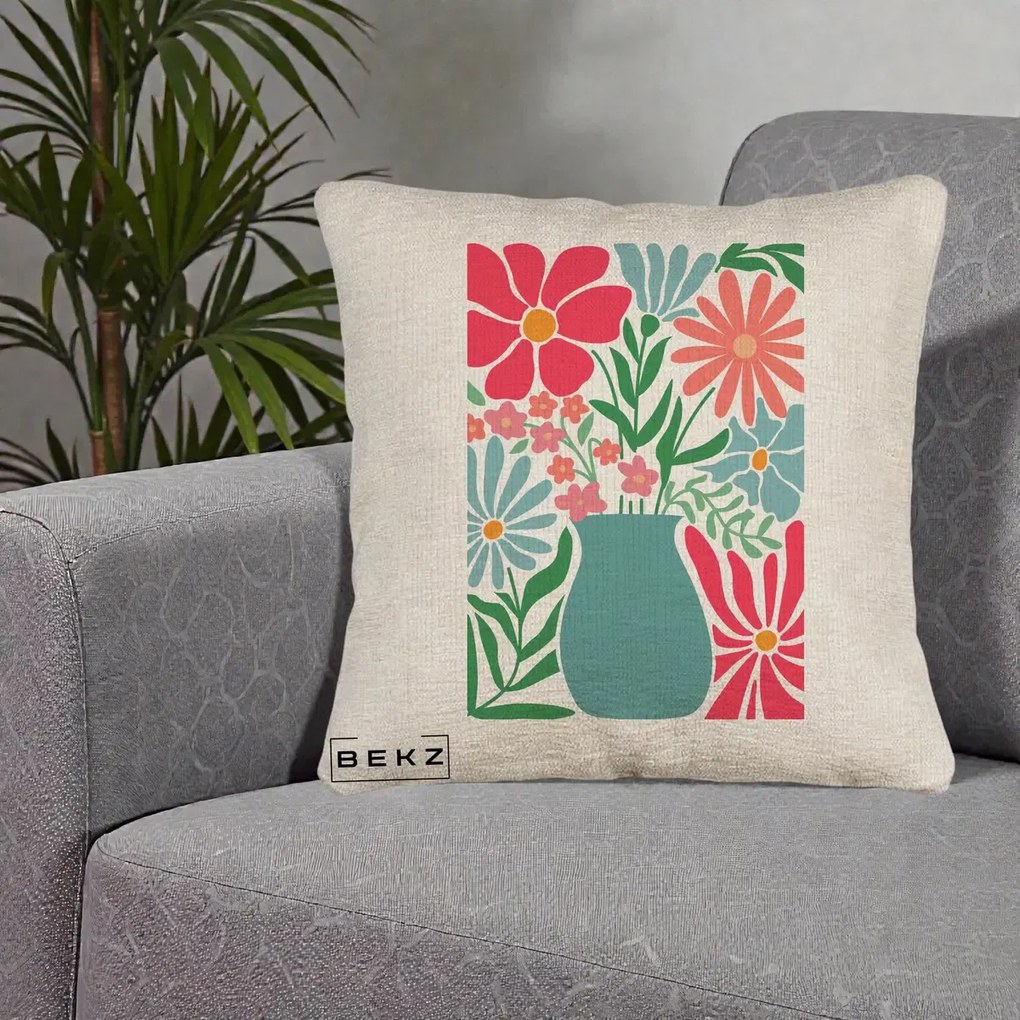 Perna Decorativa Flori in Vaza Turcoaz, 40x40 cm, Bej Canapea, Husa Detasabila, Perna Inclusa, BEKZ®