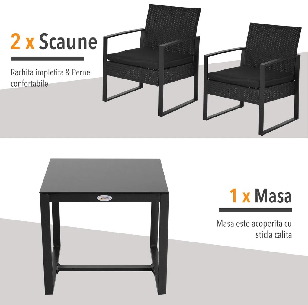 Set Mobilier in Rattan Outsunny de Extern Masa cu 2 Scaune si Perne , Negru | Aosom Romania