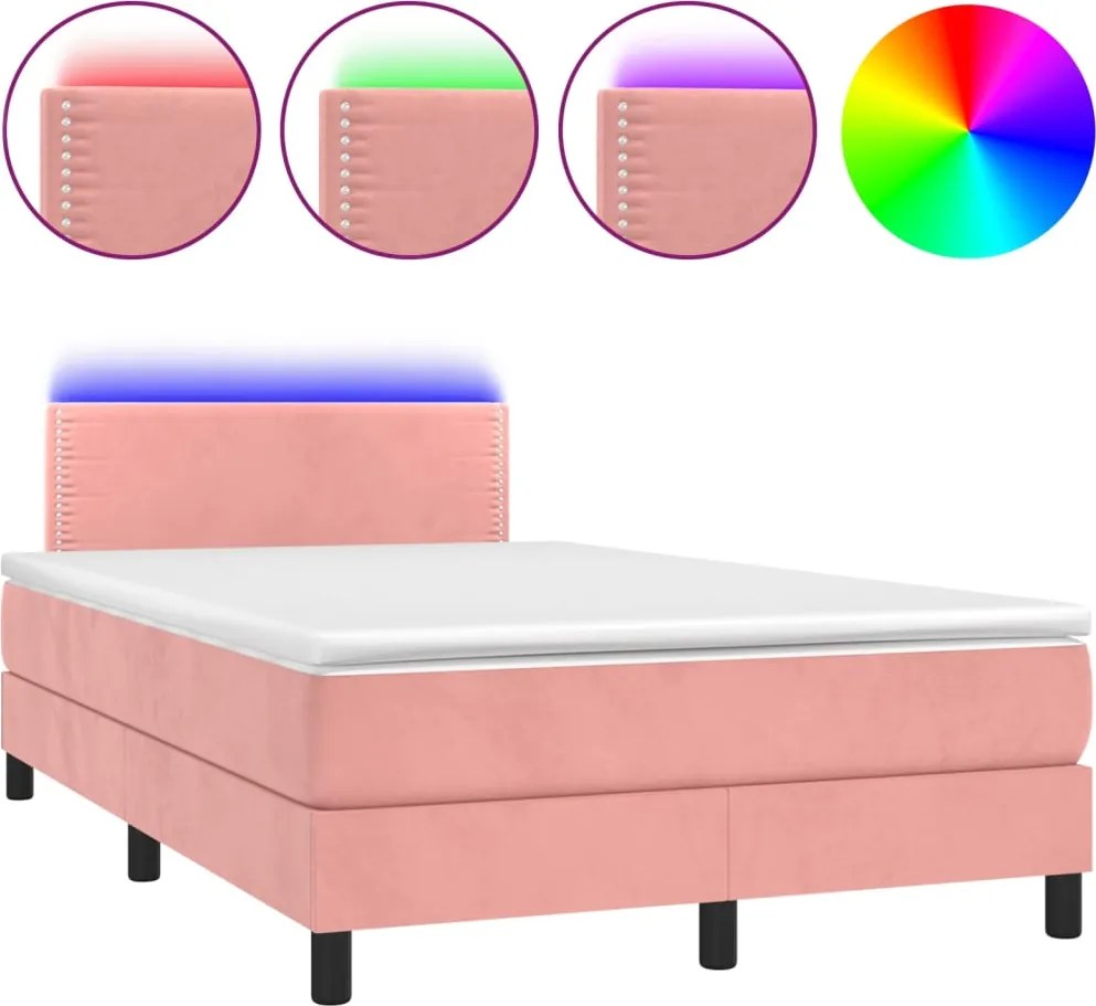 vidaXL Pat continental cu saltea & LED, roz, 120x200 cm, catifea