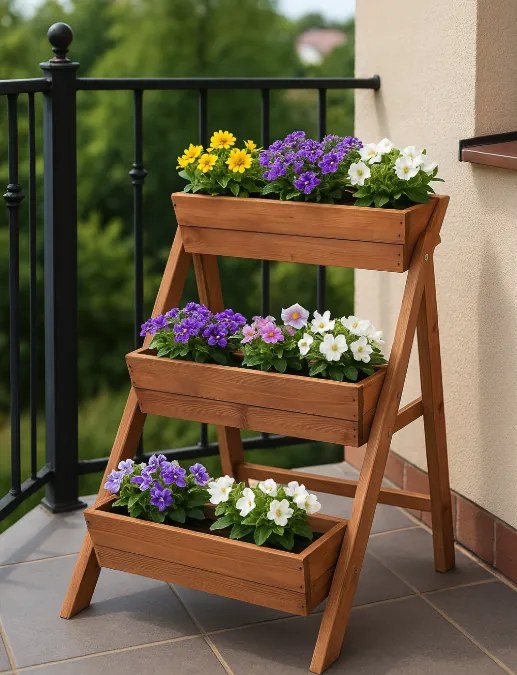 Suport de flori din lemn Vas de flori cu 3 niveluri din lemn natural