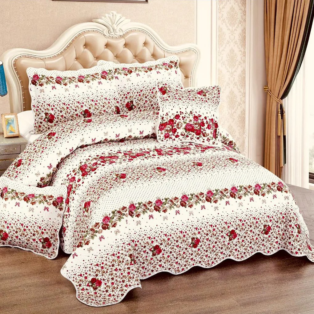 Cuvertură bumbac 100%, crem cu trandafiri roșii, 5 piese, 230x250 cm, CB112
