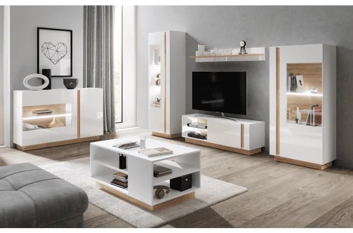 Comoda TV Culoare Alb Alb- lucios / Stejar, CITY