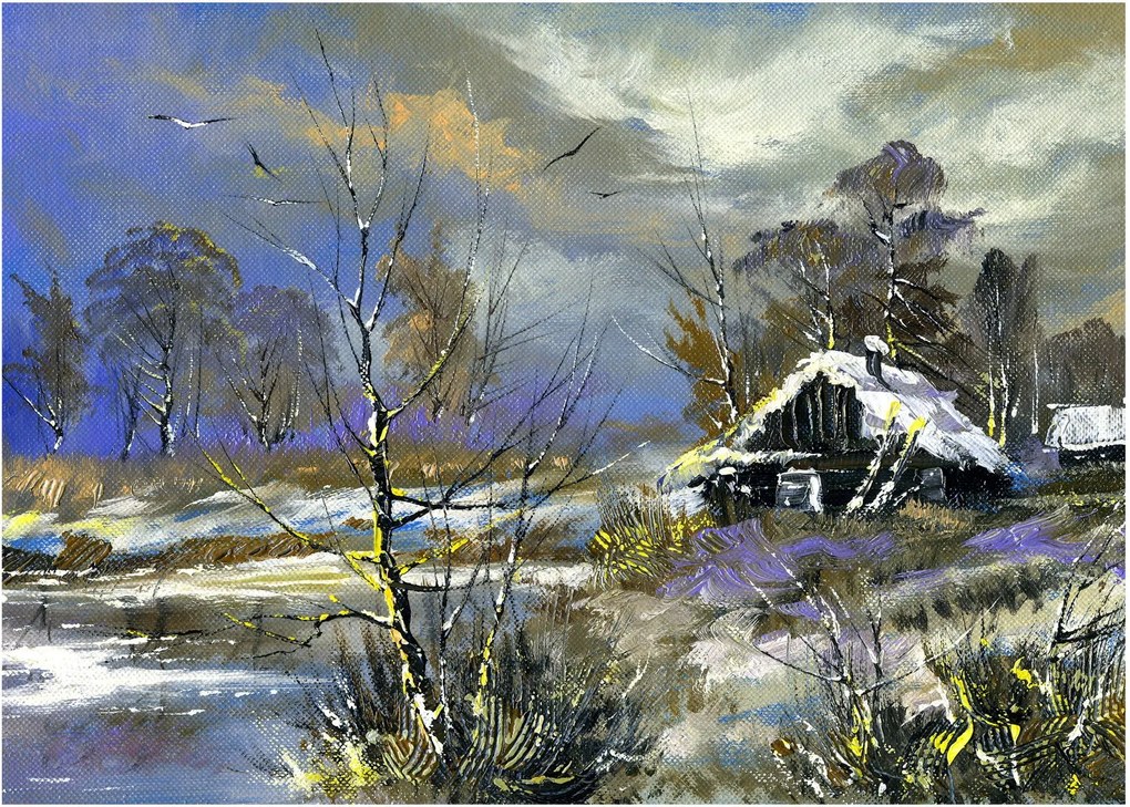 Tablou pe sticlă -Cabane într-un peisaj de iarnă, pictură în ulei (70x50 cm)