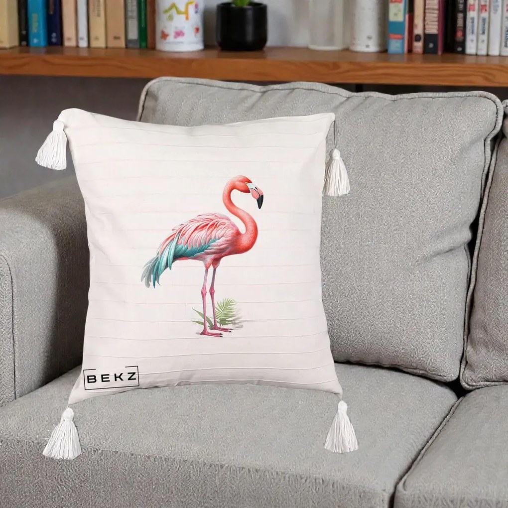 Perna Decorativa Flamingo Roz cu Pene Teal, 40x40 cm, Bej cu Franjuri, Husa Detasabila, Perna Inclusa, BEKZ®
