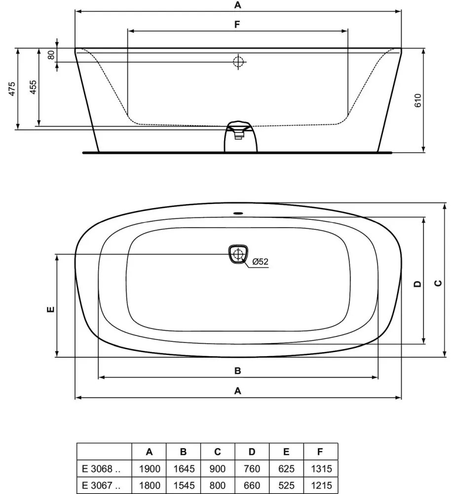 Cada de baie 190x90 cm, freestanding, alba 1900x900 mm