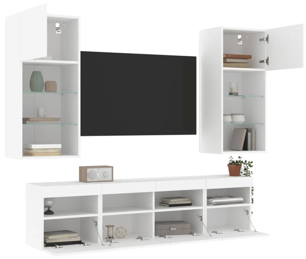 3216743 vidaXL Unități de perete TV cu LED-uri, 5 piese, alb, lemn prelucrat