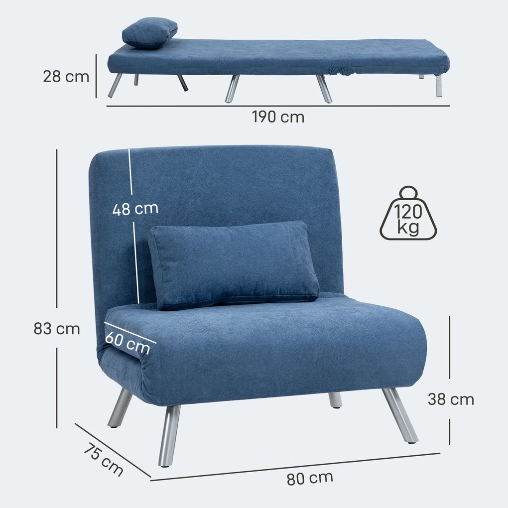 HOMCOM Fotoliu tapitat cu funcție de pat, design 2-in-1, Fotoliu de dormit, Pat de oaspeți, Husă de stofă, cu pernă, Albastru | Aosom Romania