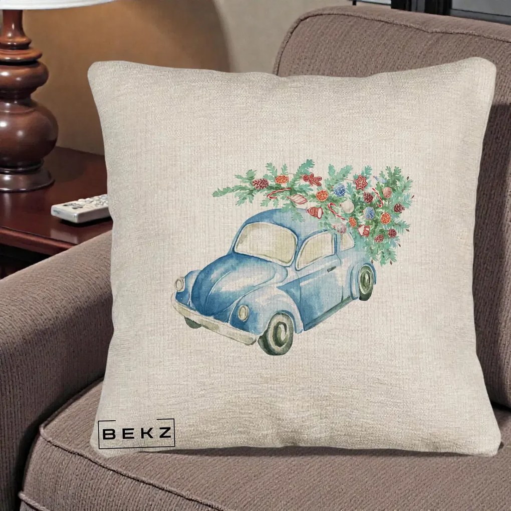 Perna Decorativa Masinuta Albastra cu Brad de Craciun, 40x40 cm, Bej Canapea, Husa Detasabila, Perna Inclusa, BEKZ®