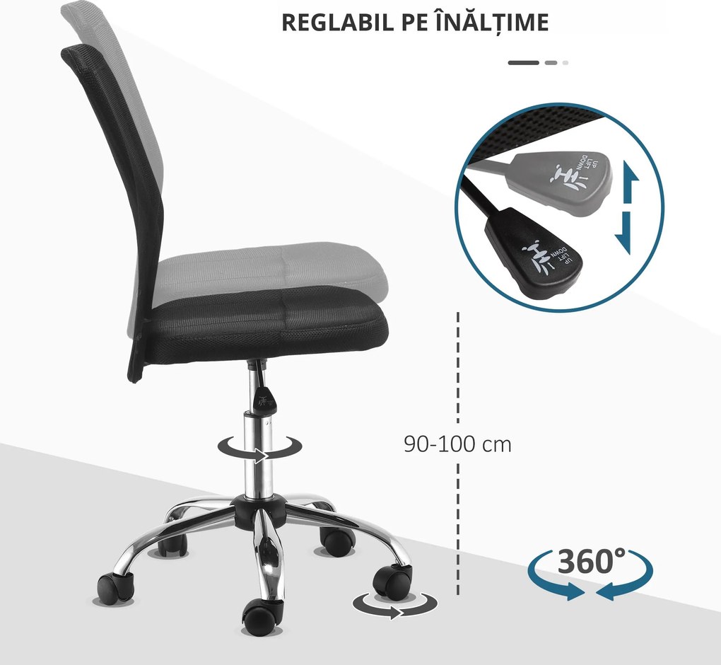 Vinsetto Scaun de Birou Ergonomic Rotativ Fara Cotiere, Inaltime Ajustabila cu 5 Roti Spatar Transpirant, Negru, 43x46x100cm | Aosom Romania