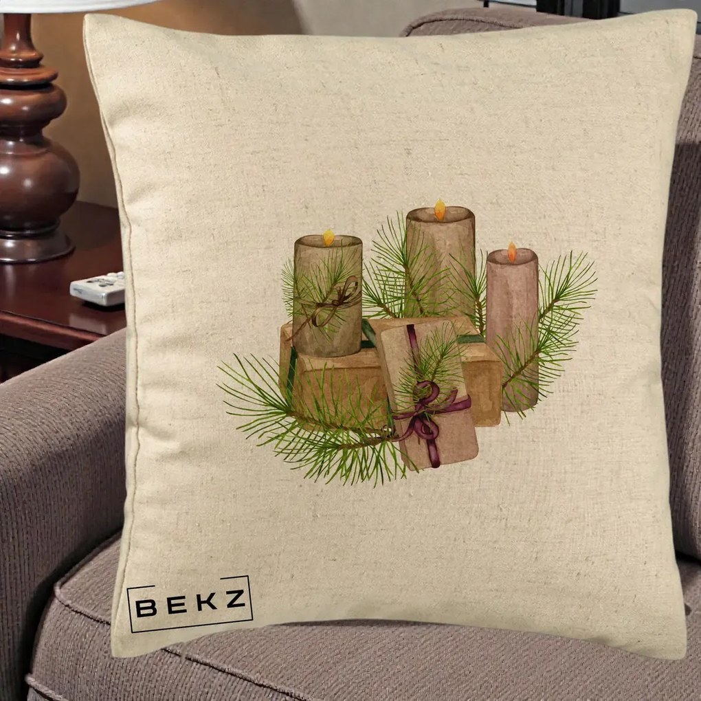 Perna Decorativa Lumanari cu Cadouri Naturale, 40x40 cm, Bej, Husa Detasabila, Perna Inclusa, BEKZ®
