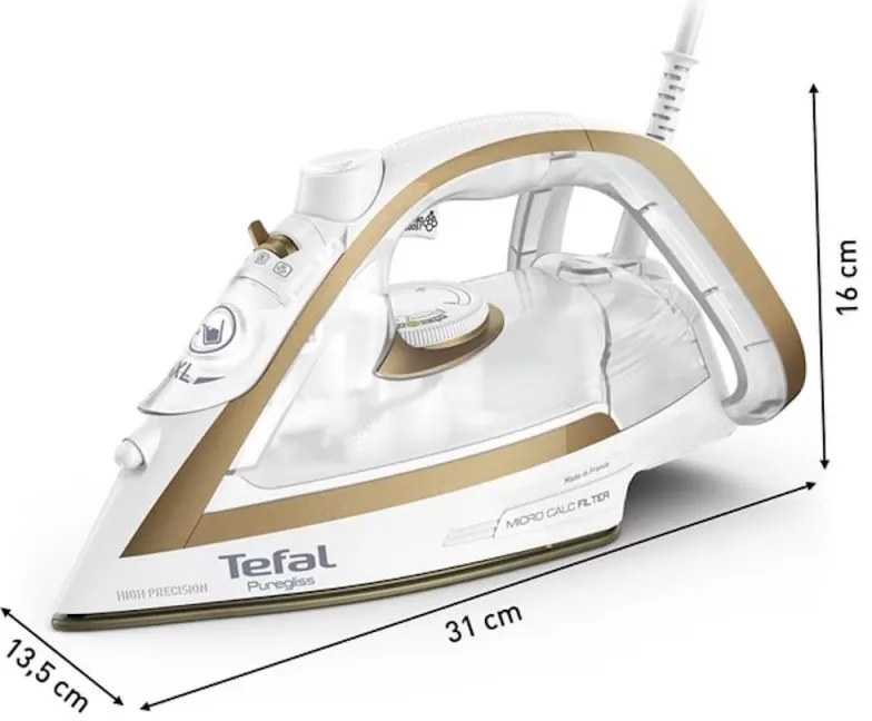 Fier de călcat TEFAL Puregliss FV8042E0, 2900 W, 270 g/min, 270 ml, călcare verticală, sistem anti-picurare, alb/dorat