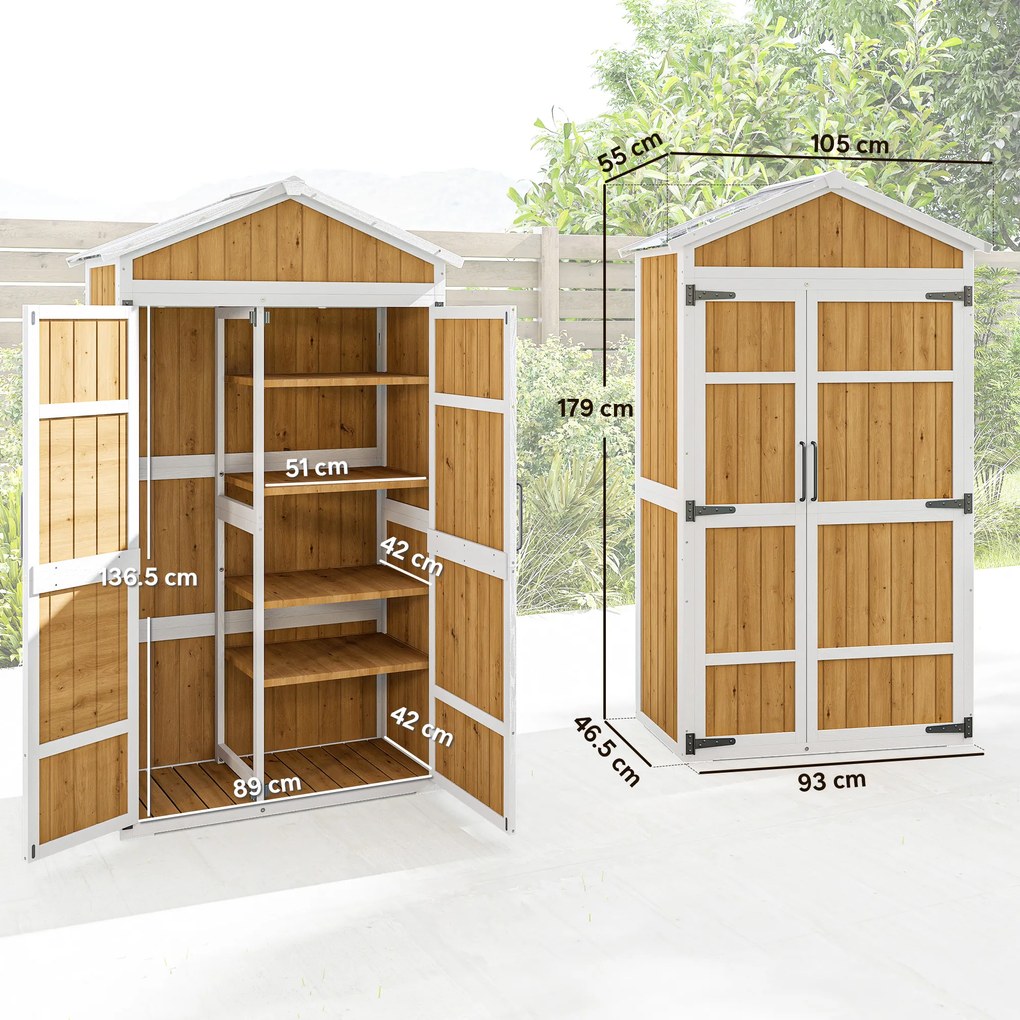 Outsunny Dulap de grădină Adăpost exterior etanș cu acoperiș metalic Uși duble pentru unelte de grădină 105x55x179cm Natural | Aosom Romania