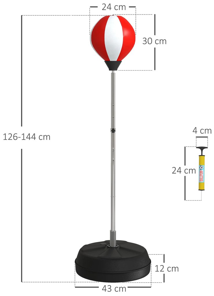 HOMCOM Sac de Frappe pe Suport Punching Ball pe Suport Reglabil în Înălțime 126-144 cm cu Mănuși, Pompă și Bază de Stabilizare | Aosom Romania