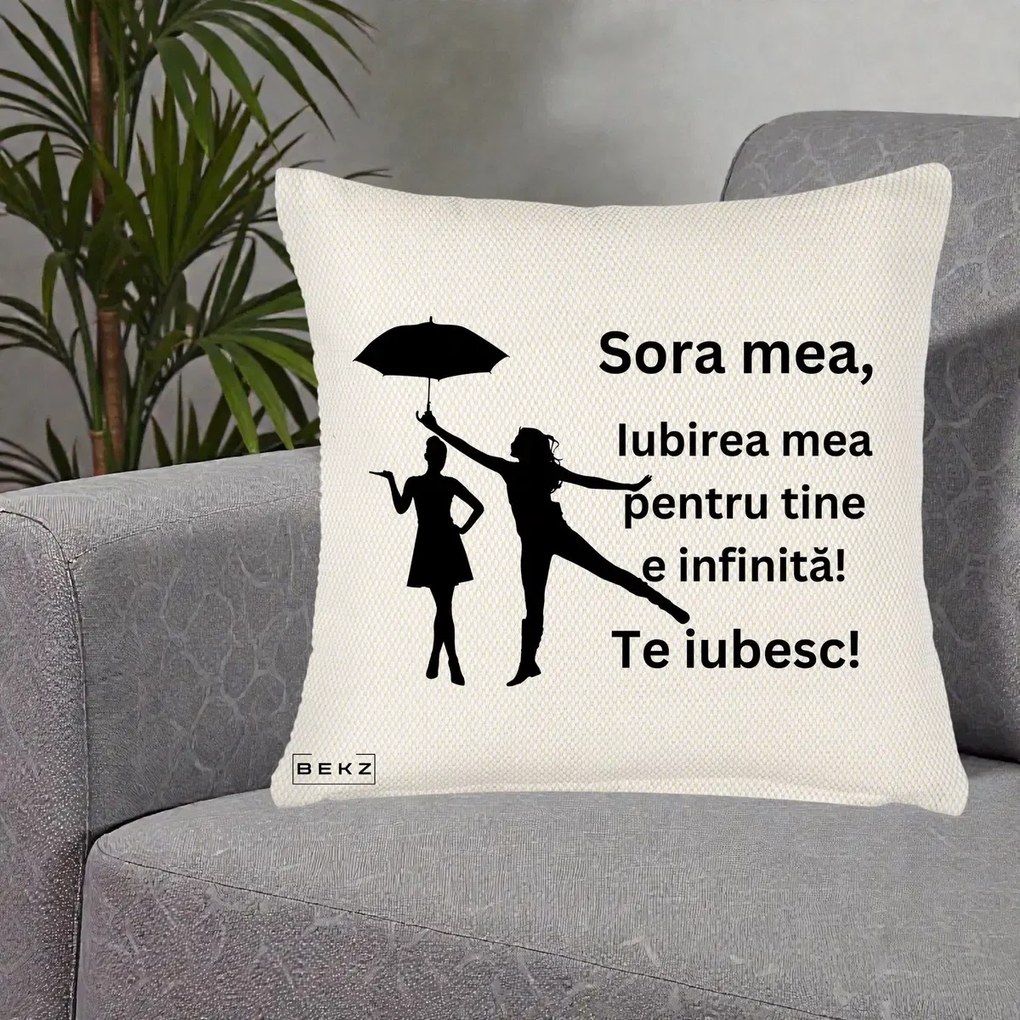 Cadou pentru Sora - Perna Personalizata Sora Mea Te Iubesc Siluete Negre cu Umbrela, 40x40 cm, Crem Reliefat, Husa Detasabila, Perna Inclusa, BEKZ®