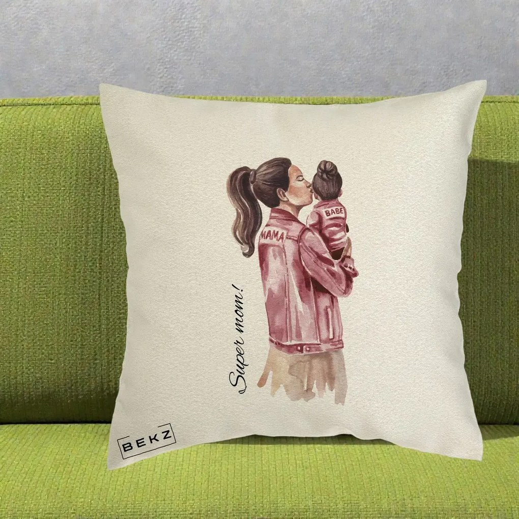 Cadou pentru Mama - Perna Personalizata Super Mom Jachete Roz, 40x40 cm, Ecru, Husa Detasabila, Perna Inclusa, BEKZ®