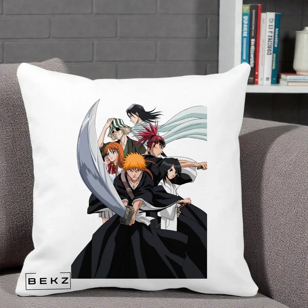 Perna Personalizata Bleach Grup Complet Ichigo si Prietenii, 40x40 cm, Alba Mata, Husa Detasabila, Perna Inclusa, BEKZ®