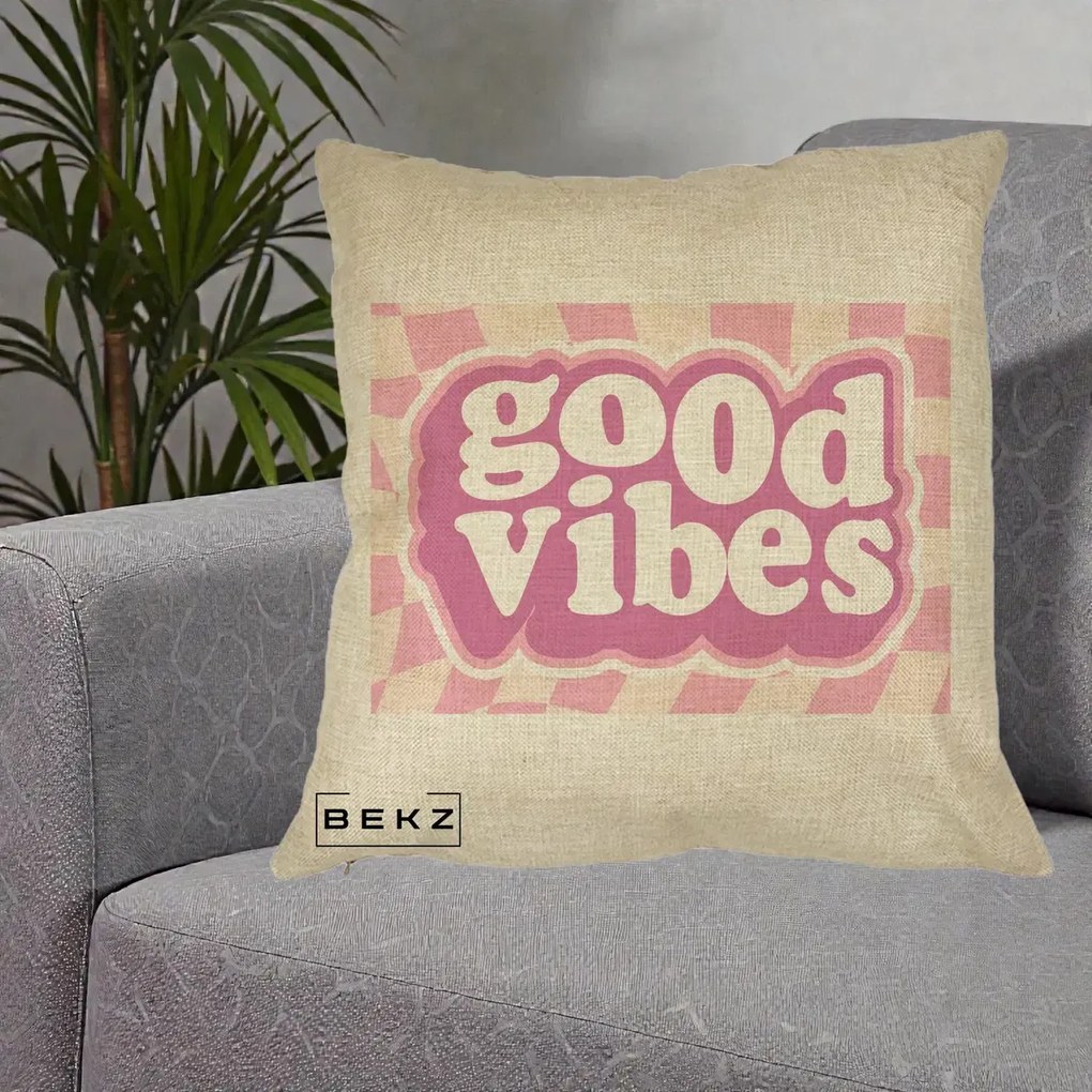 Perna Decorativa Good Vibes Retro Roz, 40x40 cm, Crem, Husa Detasabila, Perna Inclusa, BEKZ®