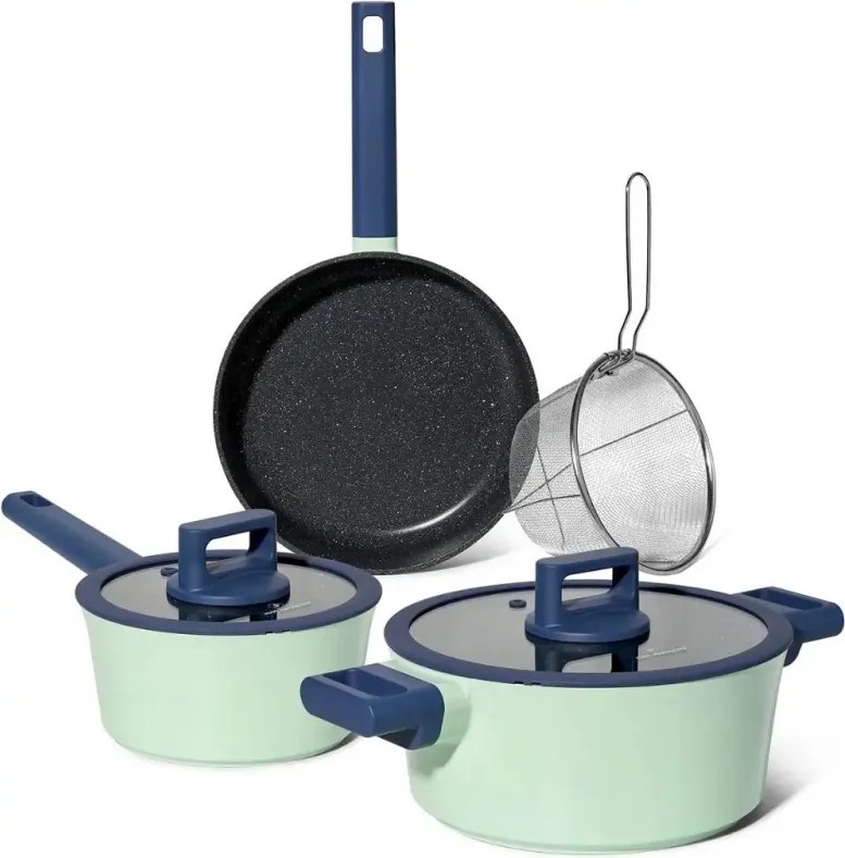 Set de cratite, cos de prajit si tigaie Just Perfecto JL-333, 6 piese, Acoperire marmura, Inductie, Capac din sticla cu orificiu pentru abur, Verde/albastru