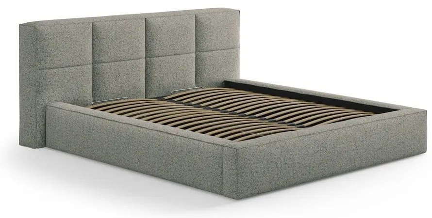 Pat matrimonial verde tapițat cu spațiu de depozitare cu somieră 200x200 cm Simon – Micadoni