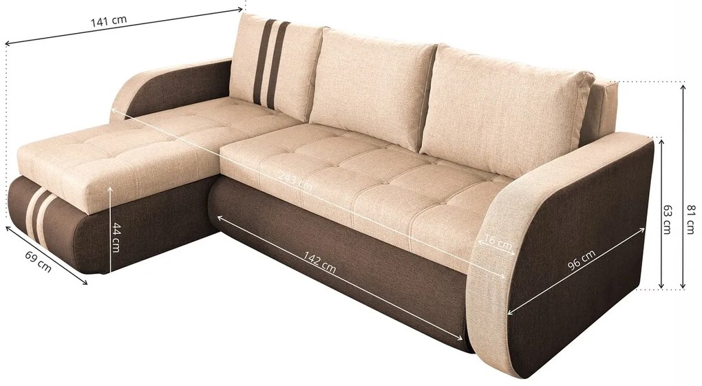 Coltar extensibil reversibil Siena Duo Maro/Bej 243x141x81 cm cu lada de depozitare