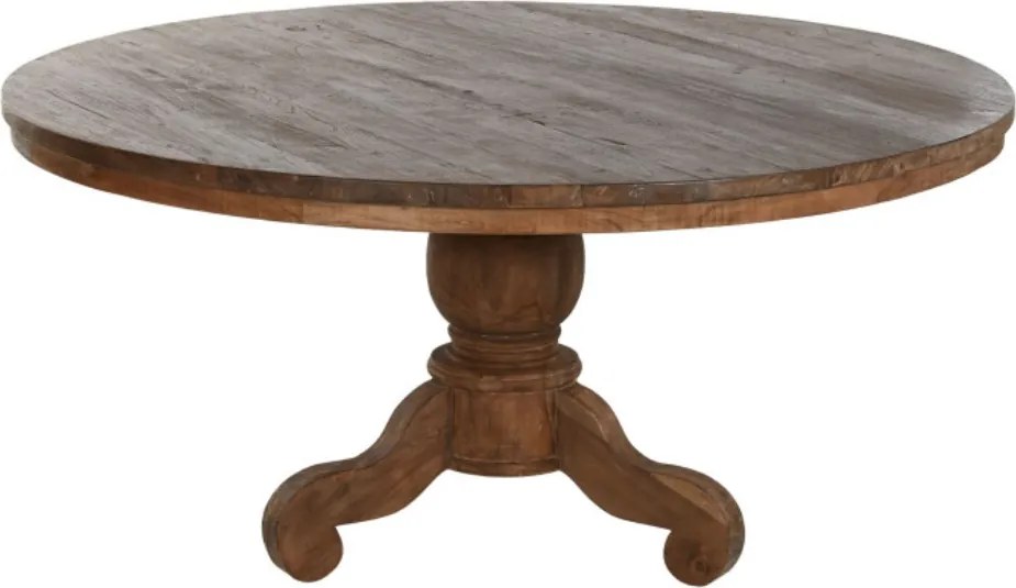 Masă dining rotundă din lemn de tec reciclat, natur, 6–8 locuri, cu picior central pe trei volute, 78 x 160 cm, „Komodo”