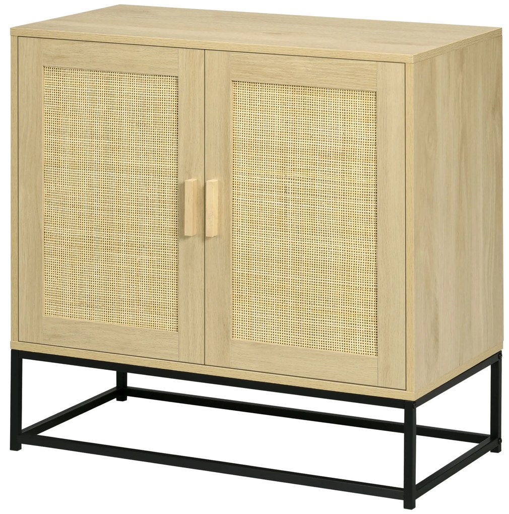 HOMCOM Bufet joasă de stil boem cu dulap 2 uși ratan țesut raft ajustabil în înălțime 80 x 40 x 80 cm natural | Aosom Romania
