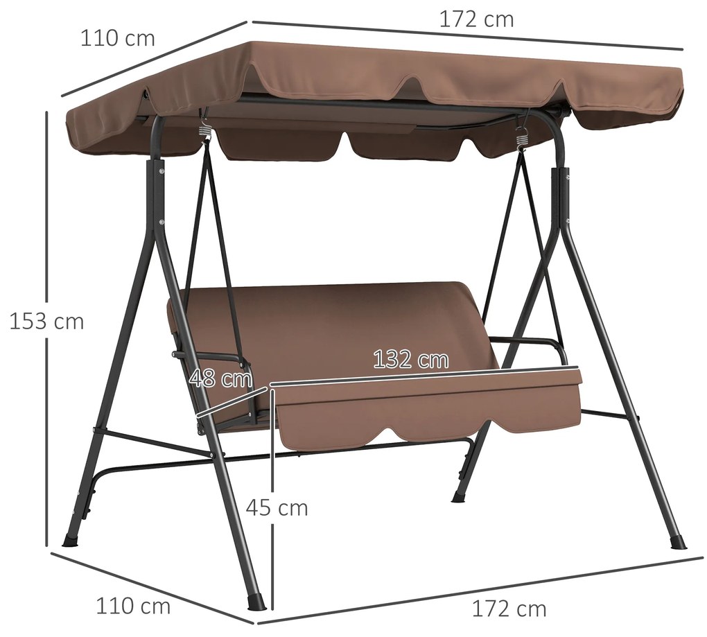 Outsunny Leagăn de Grădină cu 3 Locuri cu Baldachin și Cadru din Oțel și Poliester, 172x110x153 cm, Maro | Aosom Romania