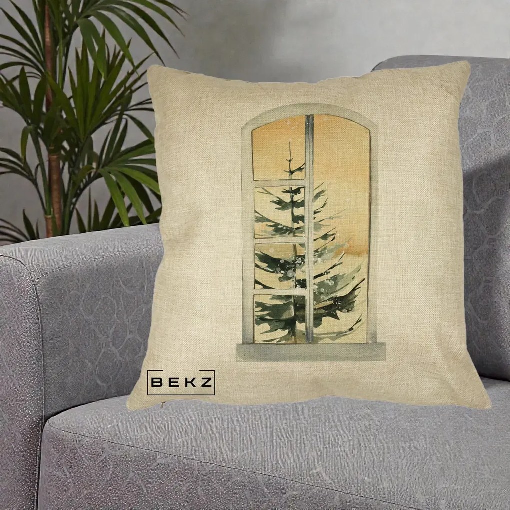 Perna Decorativa Fereastra cu Brad de Iarna, 40x40 cm, Crem, Husa Detasabila, Perna Inclusa, BEKZ®