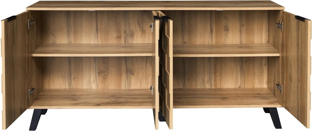 Bufet modern cu 4 uși, model geometric al texturii lemnului, spațiu generos de depozitare, 160,5x35,5x78 cm, Culoare naturală