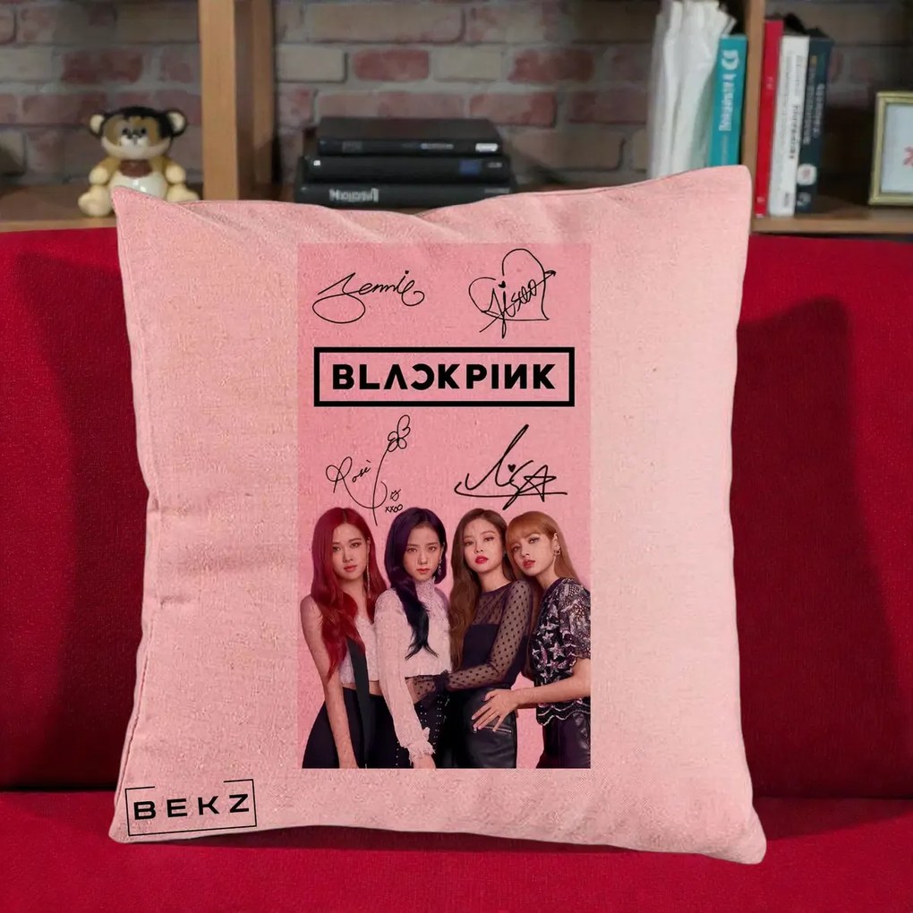 Perna Personalizata K-pop BLACKPINK Semnaturi si Foto, 40x40 cm, Roz, Husa Detasabila, Perna Inclusa, BEKZ®