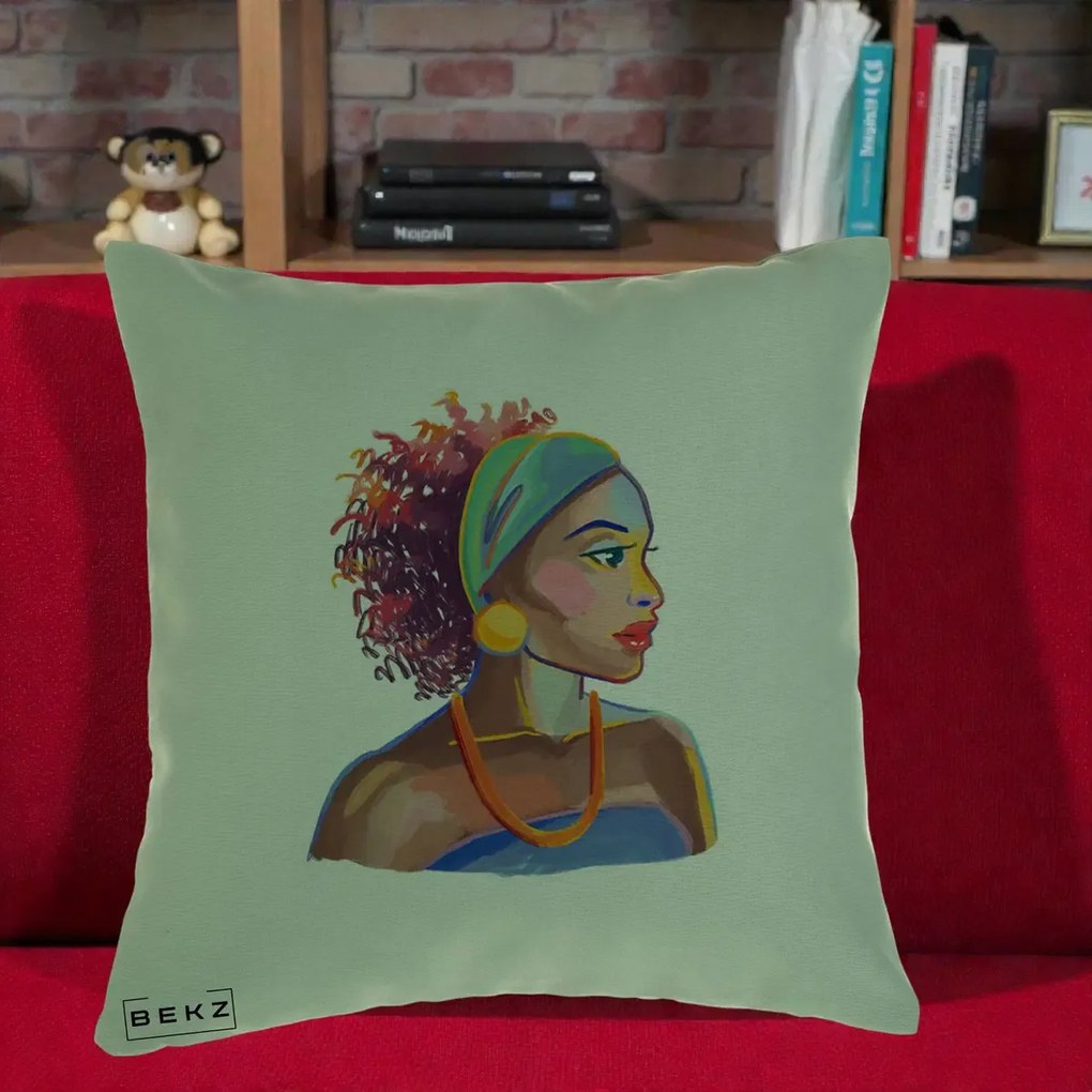 Perna Decorativa Portret Femeie Urbana Acuarela, 40x40 cm, Verde, Husa Detasabila, Perna Inclusa, BEKZ®