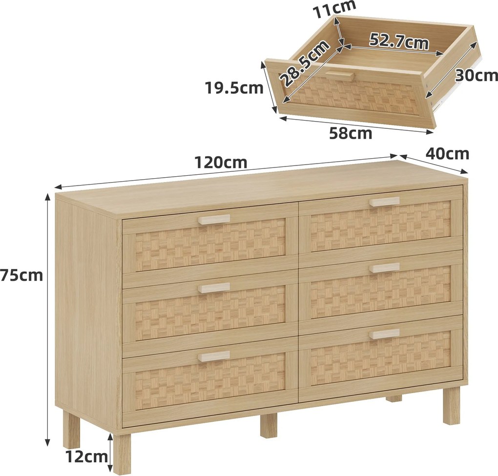 Comodă cu șase sertare din ratan, dulap de dormitor versatil cu spațiu generos de depozitare, 120x40x75 cm, Culoare naturală