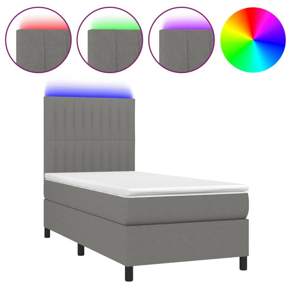 3134990 vidaXL Pat cu arcuri, saltea și LED, gri închis, 80x200 cm, textil