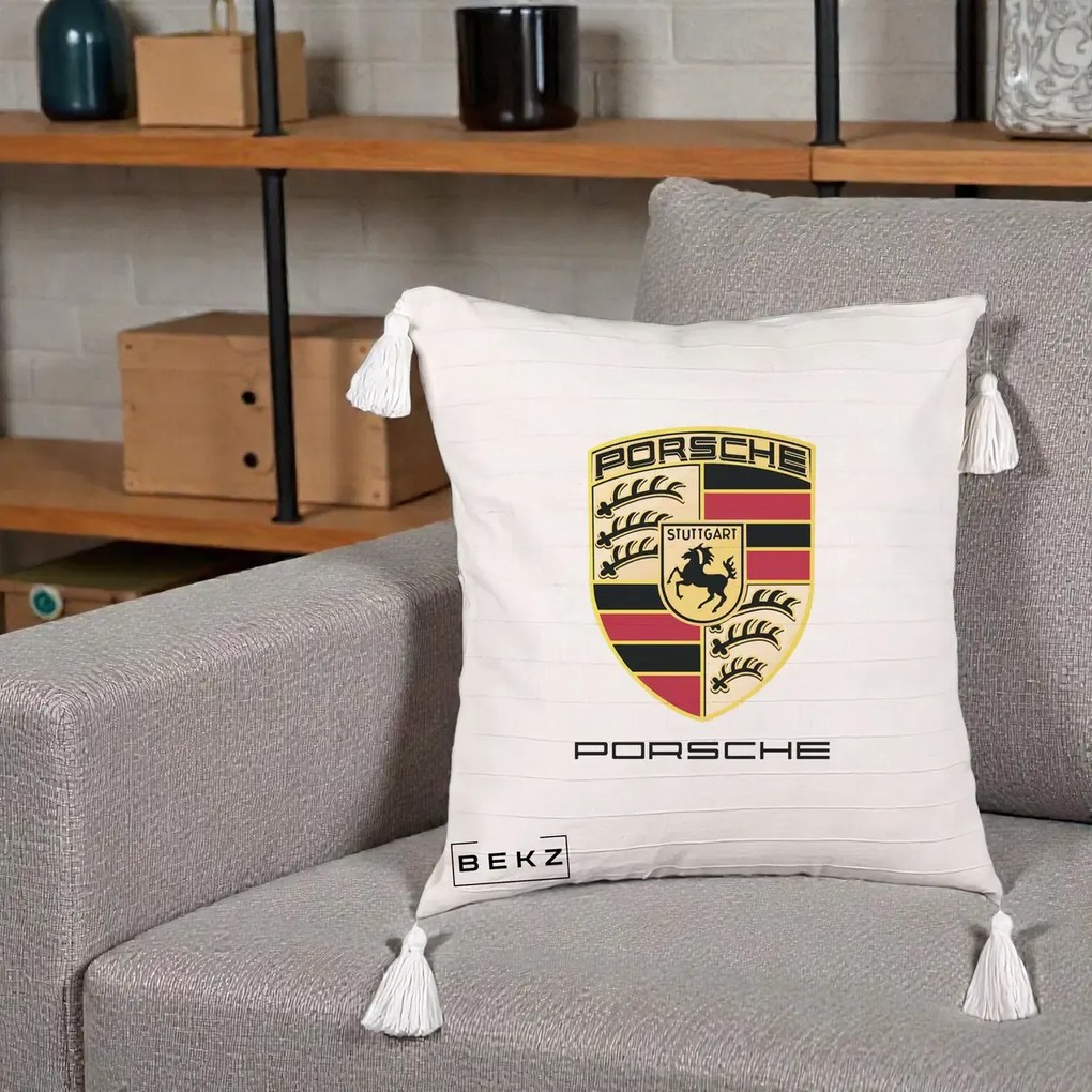 Perna Personalizata Porsche Stuttgart, 40x40 cm, Bej cu Franjuri, Husa Detasabila, Perna Inclusa, BEKZ®