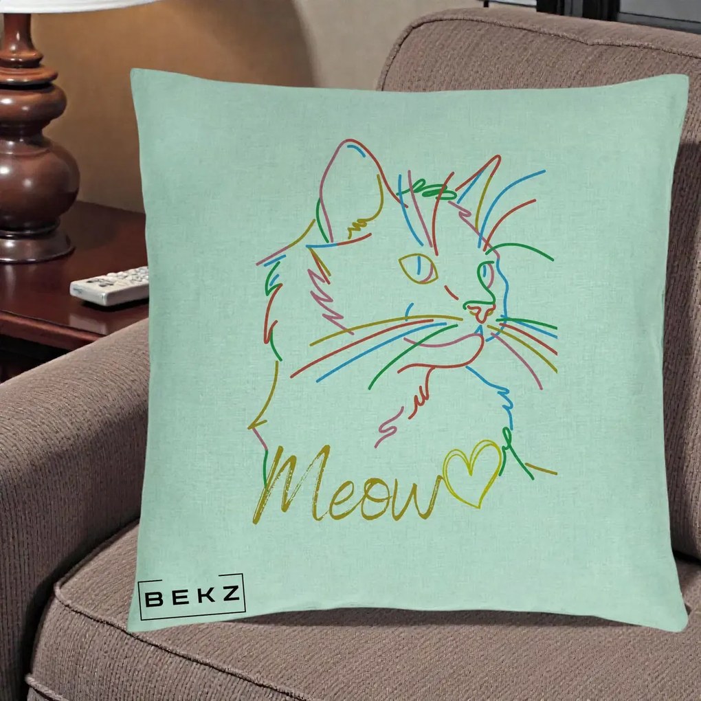 Perna Personalizata Pisica Meow Arta Linie Colorata, 40x40 cm, Verde Menta, Husa Detasabila, Perna Inclusa, BEKZ®