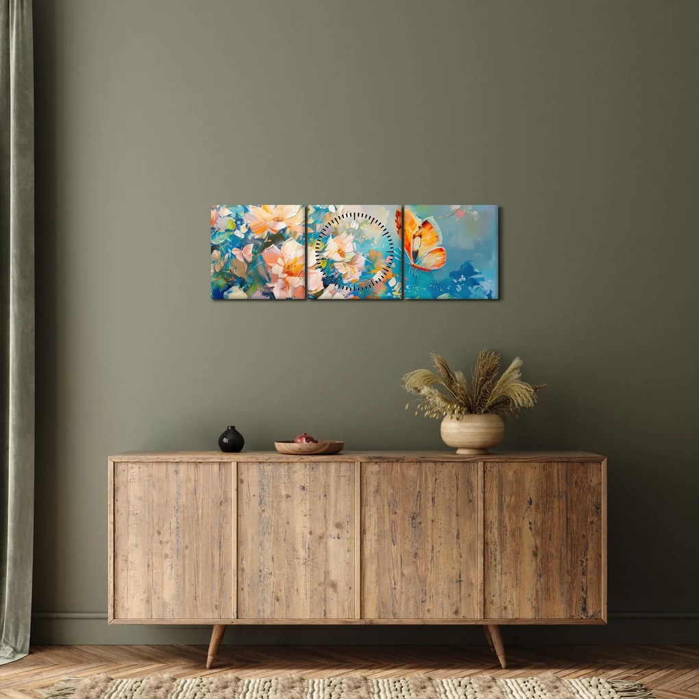 Tablou - Fluture și flori, pictură în ulei II. (cu ceas) (90x30 cm)