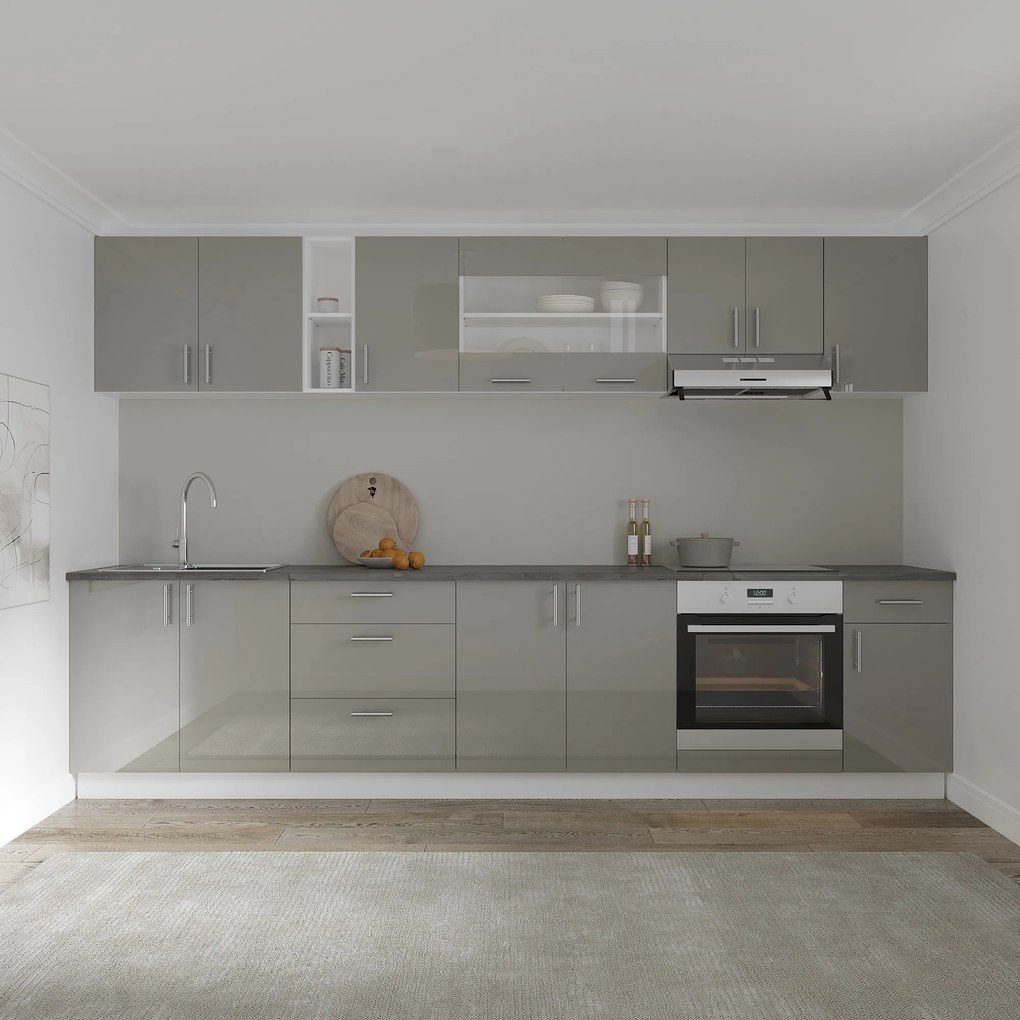 Set Bucatarie Karo V28, Gri Lucios/Alb, MDF, Blat Thermo 28 mm, L 320 cm