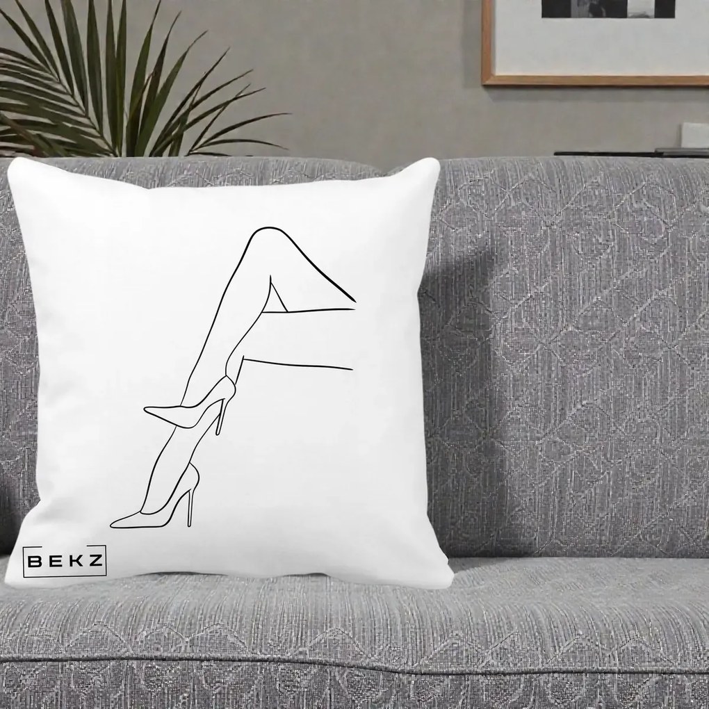 Perna Decorativa Picioare cu Tocuri Line Art, 40x40 cm, Alba Mata, Husa Detasabila, Perna Inclusa, BEKZ®