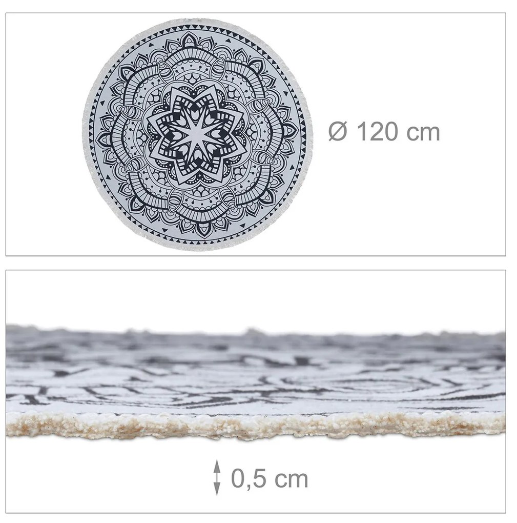 Covor rotund pentru living/dormitor cu motive mandala diametru 120 cm bumbac tesut alb/negru