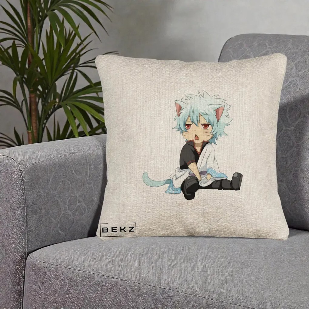 Perna Personalizata Gintama Gintoki Chibi Pisica, 40x40 cm, Bej Canapea, Husa Detasabila, Perna Inclusa, BEKZ®