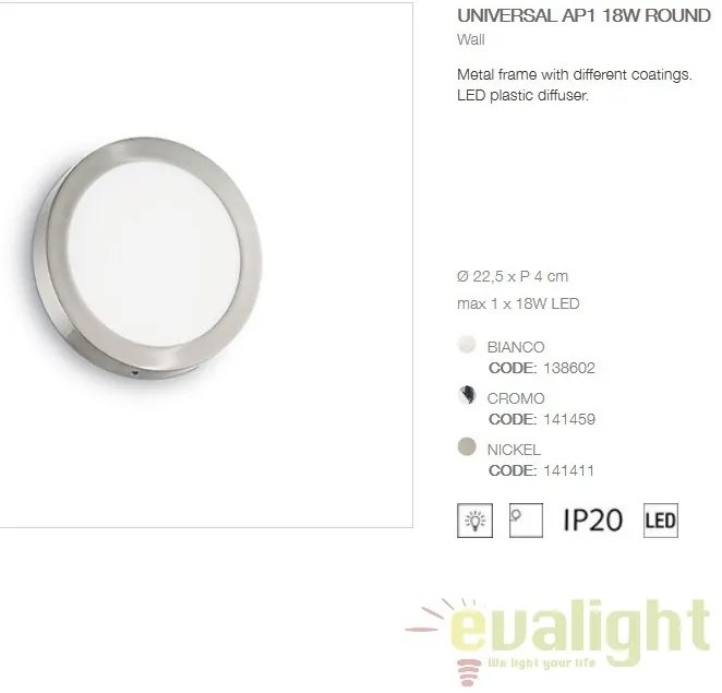 Aplica LED diametru 22,5cm, UNIVERSAL AP1 18W ROUND BIANCO 138602