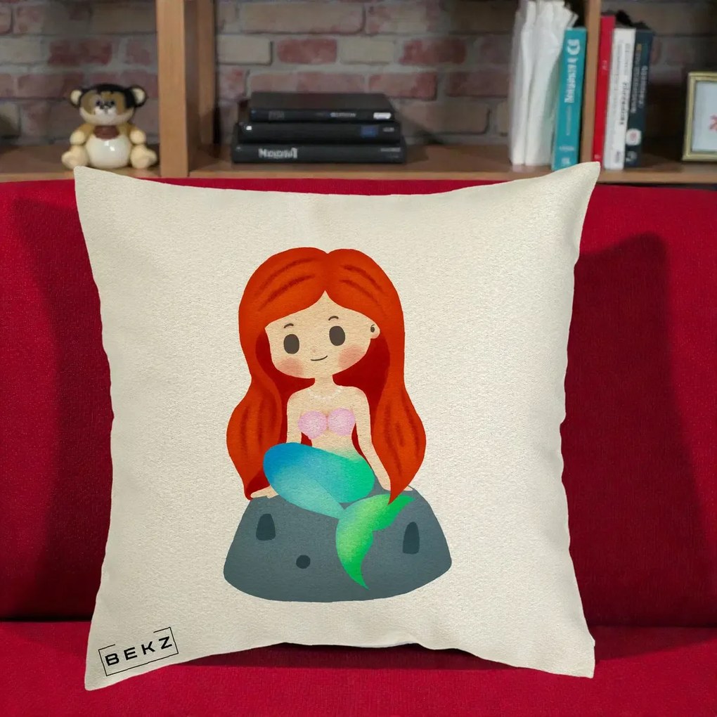 Perna Personalizata Sirena Kawaii Roscat, 40x40 cm, Ecru, Husa Detasabila, Perna Inclusa, BEKZ®