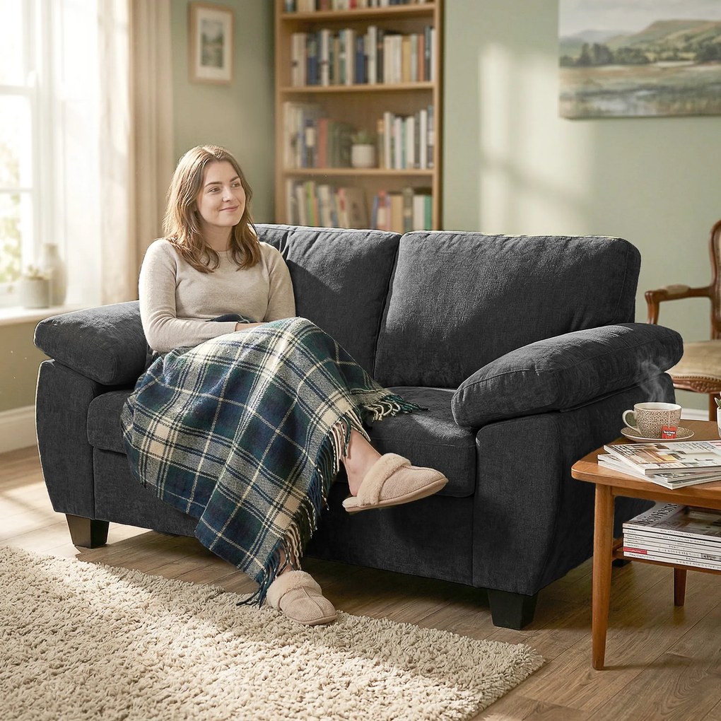 HOMCOM Canapea 2 locuri, 156 cm canapea chenille cu perne groase cu arcuri, brațe late căptușite, capacitate 300 kg, Gri închis | Aosom Romania