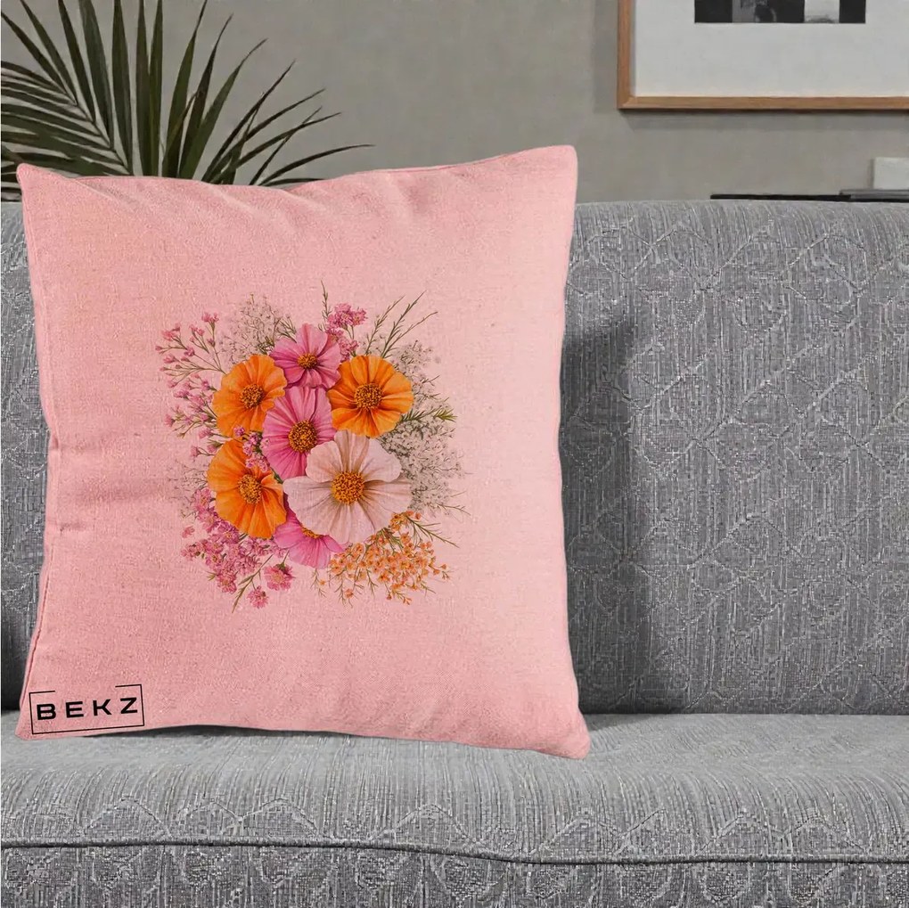 Perna Decorativa Buchet Cosmos Portocaliu Roz si Alb, 40x40 cm, Roz, Husa Detasabila, Perna Inclusa, BEKZ®