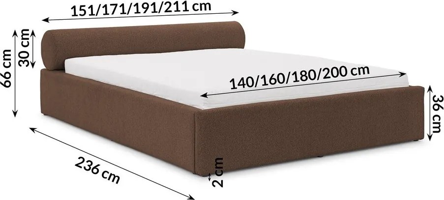 Pat matrimonial maro tapițat cu spațiu de depozitare cu somieră 160x200 cm Cille – Ropez