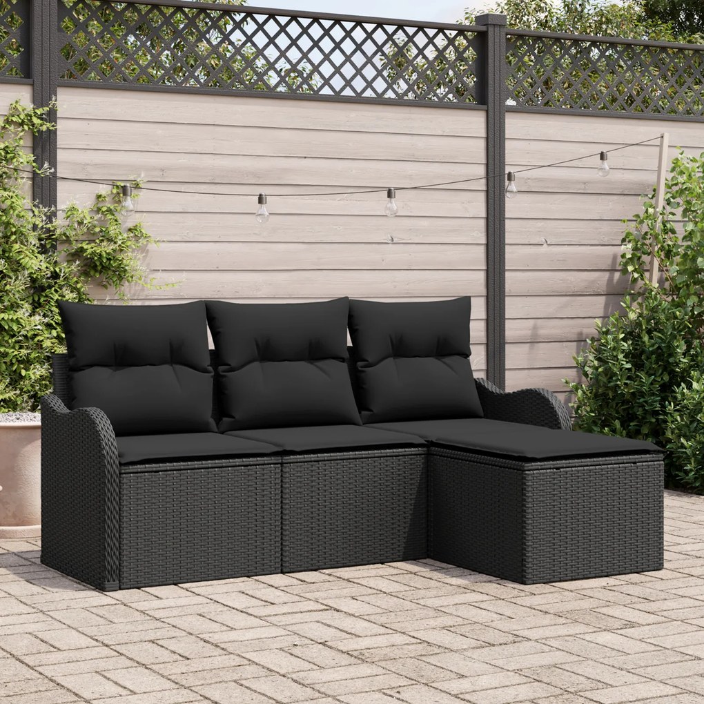 Set de Canapea Grădină vidaXL 4 Piese cu Perne Rattan Polimer Negru