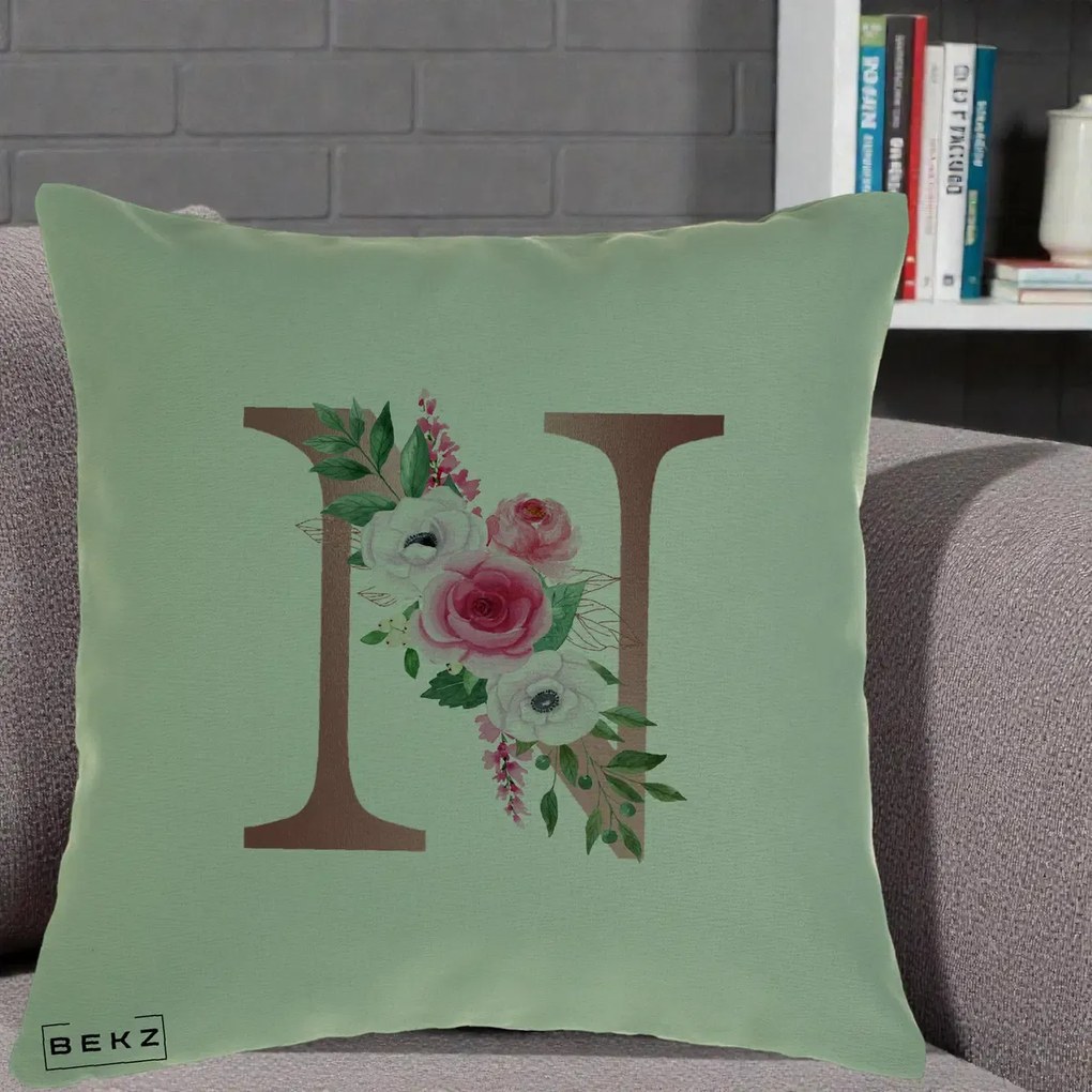 Cadou Personalizat - Perna Personalizata Monograma Rose Gold Litera N, 40x40 cm, Verde, Husa Detasabila, Perna Inclusa, BEKZ®
